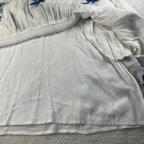 J. Marie White Blue Floral Embroidered Tiered Mini Dress Womens Medium  Pockets - Picture 8 of 11